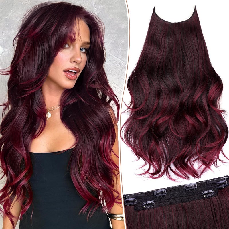 KooKaStyle Invisible Wire Hair Extensions Long Wavy Layered Synthetic Hair Extensions with Transparent Wire Adjustable Size 6 Secure Clips Ombre Burgundy mix Black Hairpieces for Women 20 Inch - Image 2