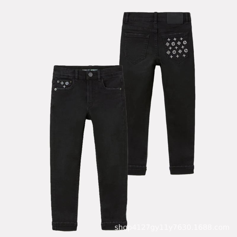 Spring And Winter New 2023 Boys Slim-Fit Black Jeans Loose Breathable Embroidered Skin-Friendly Trendy Brand All-Match Cotton Pants - Image 1