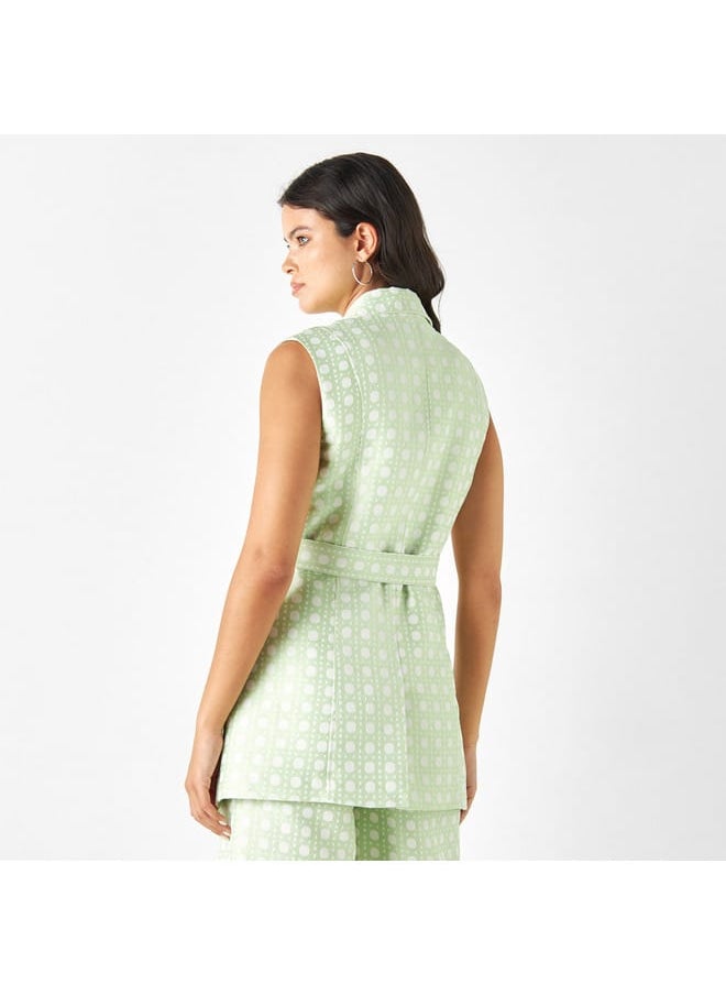 Iconic Iconic Textured Belted Sleeveless Jacket with Notched Lapel  - Image 3