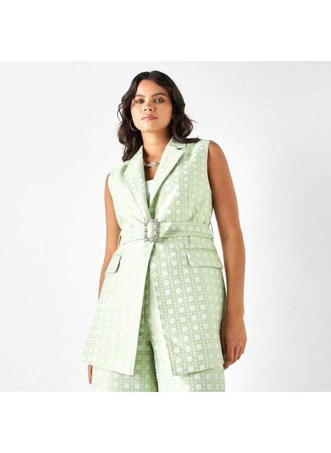 Iconic Iconic Textured Belted Sleeveless Jacket with Notched Lapel  - Image 1