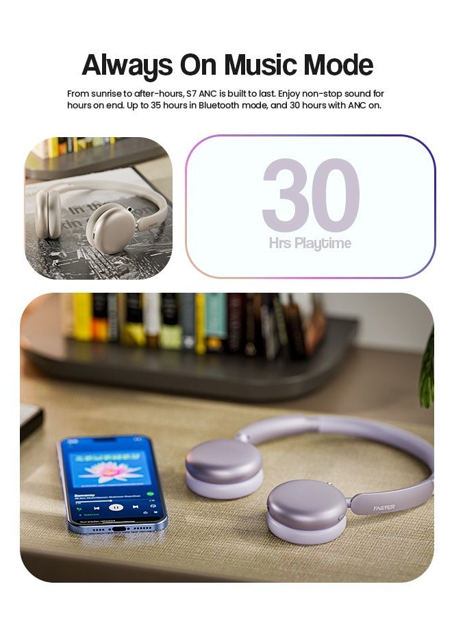 Faster S7 Soluna Wireless Headphones- 5.4 Bluetooth Headset 30H Playtime ANC OverEar Headphones- LED Indicator Light Voice Assistant Calls Game & Music Type-C Fast Charging Lightweight IOS & Android- Wireless Headset Deep Bass Premium Finish Soft Leather Earpads - Purple - Image 2