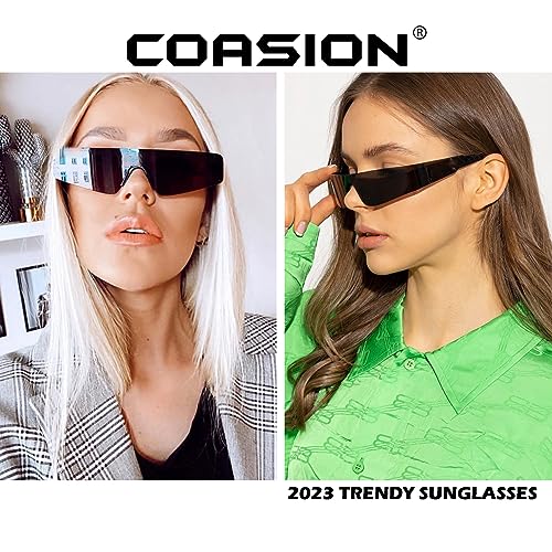 COASION Wrap Around Sunglasses for Women Men Trendy Rimless Futuristic Shades Y2k Shield Flat Top Fashion Eyeglasses (Black/Grey + Silver/Silver Mirrored) - Image 3