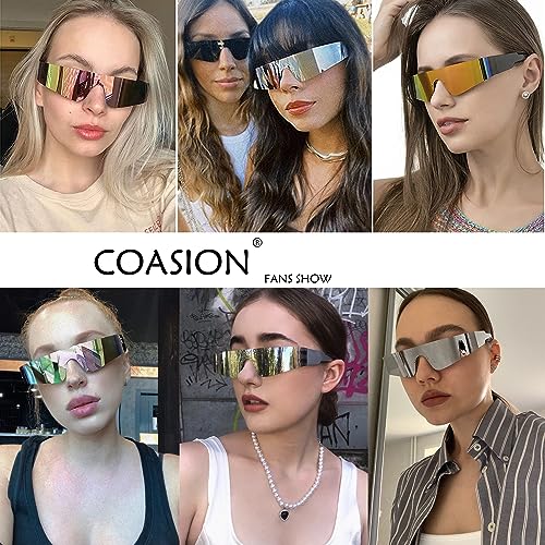 COASION Wrap Around Sunglasses for Women Men Trendy Rimless Futuristic Shades Y2k Shield Flat Top Fashion Eyeglasses (Black/Grey + Silver/Silver Mirrored) - Image 2