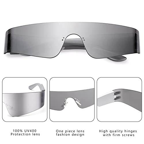 COASION Wrap Around Sunglasses for Women Men Trendy Rimless Futuristic Shades Y2k Shield Flat Top Fashion Eyeglasses (Black/Grey + Silver/Silver Mirrored) - Image 4
