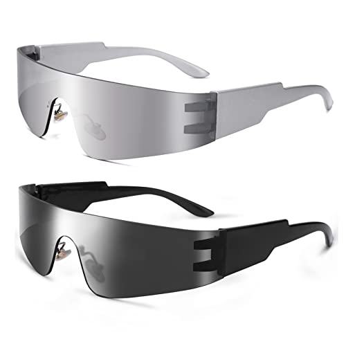 COASION Wrap Around Sunglasses for Women Men Trendy Rimless Futuristic Shades Y2k Shield Flat Top Fashion Eyeglasses (Black/Grey + Silver/Silver Mirrored) - Image 1