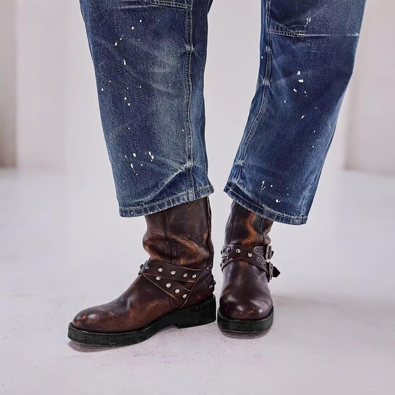 Agodor Brown Women's Mid Calf Boots Chunky Low Heel Riding Buckle Boot for Women Squared Toe Motorcycle Boots Slip On Riding Biker Booties US8 - Image 4