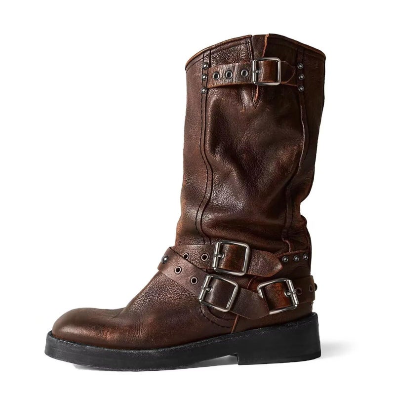Agodor Brown Women's Mid Calf Boots Chunky Low Heel Riding Buckle Boot for Women Squared Toe Motorcycle Boots Slip On Riding Biker Booties US8 - Image 1