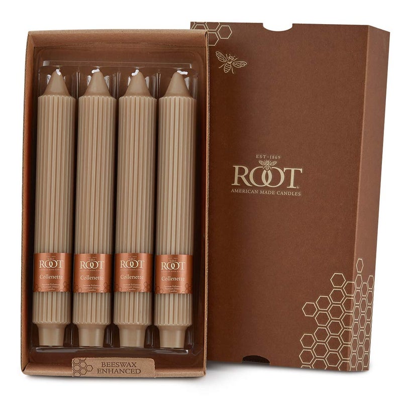 Root Unscented Grecian Collenettes Dinner Candles 9Inch Tall Box of 4 Taupe