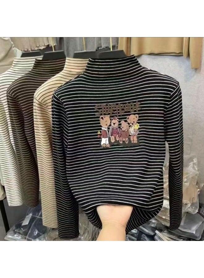 Boys And Girls' Thermal Base Layer Shirts, Spring And Autumn, Big Kids' Half-high Collar Long-sleeve T-shirts, Stylish Striped Warm Tops