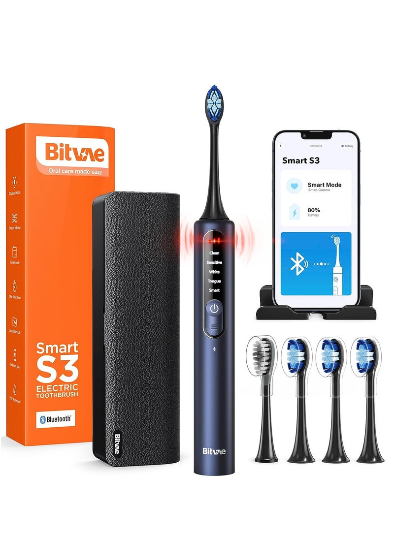 Bitvae Smart S3 Sonic Electric Toothbrush for Adults, 180-Day Battery Life Rechargeable Electric Power Toothbrush with Pressure Sensor, Electric Toothbrush with 4 Brush Heads, Travel Case, Dark Blue - Image 1