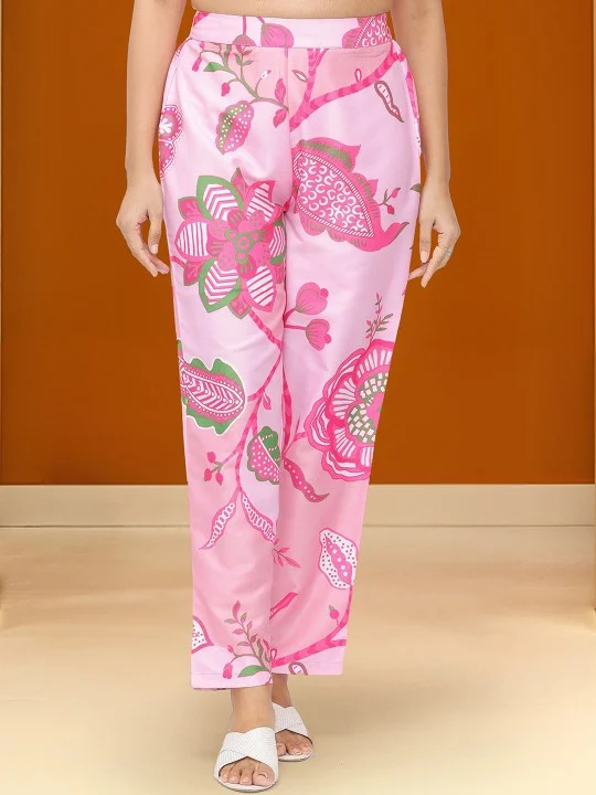 ISHIN Women'S Pink Polyester Blend Embellished Tunic Full Length Pleat Front Straight Fit Kurta Set
