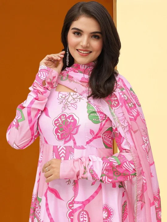 ISHIN Women'S Pink Polyester Blend Embellished Tunic Full Length Pleat Front Straight Fit Kurta Set