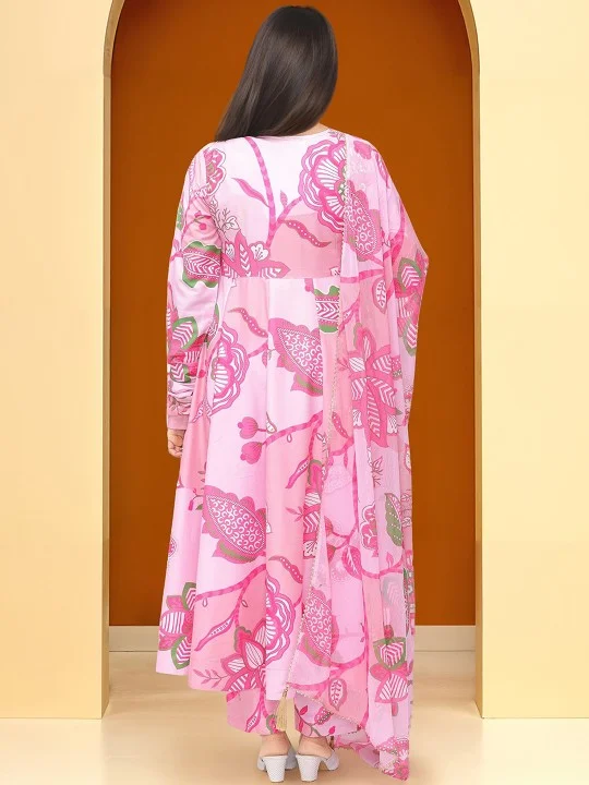 ISHIN Women'S Pink Polyester Blend Embellished Tunic Full Length Pleat Front Straight Fit Kurta Set