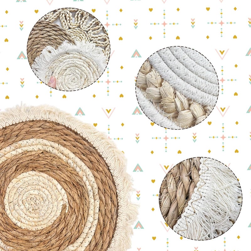 CODOHI Set of 7 Boho Wall Baskets, Wall Hanging Rattan Decor, Flat Round Woven Water Hyacinth Corn Husk Farmhouse Handmade Macrame Hanging Woven Baskets for Living Room Bedroom Dining Room - Light Color - Image 3