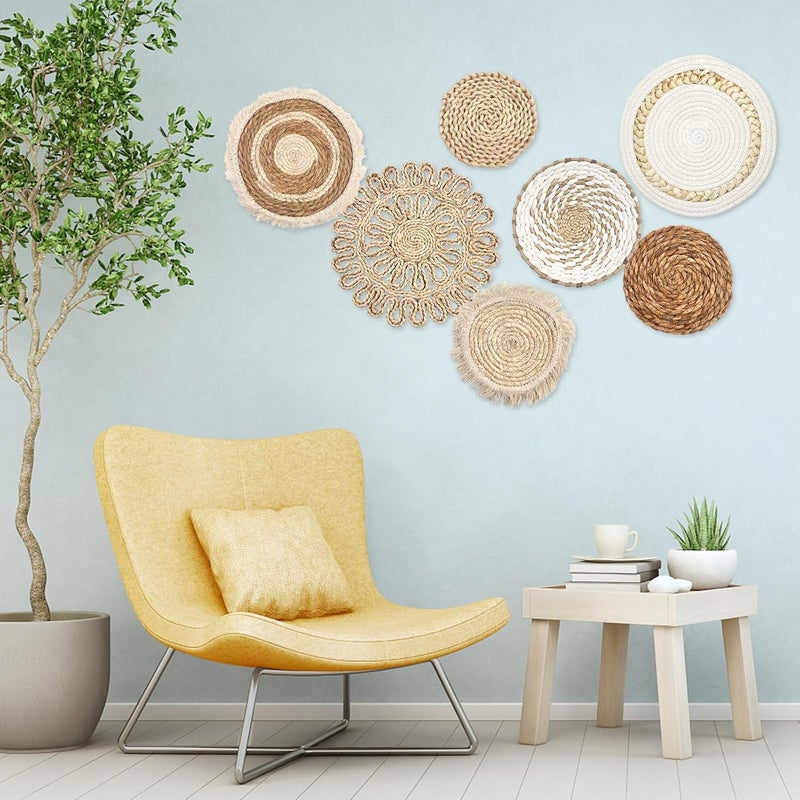CODOHI Set of 7 Boho Wall Baskets, Wall Hanging Rattan Decor, Flat Round Woven Water Hyacinth Corn Husk Farmhouse Handmade Macrame Hanging Woven Baskets for Living Room Bedroom Dining Room - Light Color - Image 4