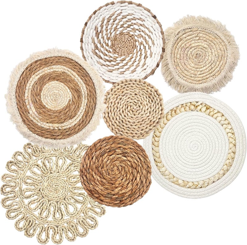 CODOHI Set of 7 Boho Wall Baskets, Wall Hanging Rattan Decor, Flat Round Woven Water Hyacinth Corn Husk Farmhouse Handmade Macrame Hanging Woven Baskets for Living Room Bedroom Dining Room - Light Color - Image 1