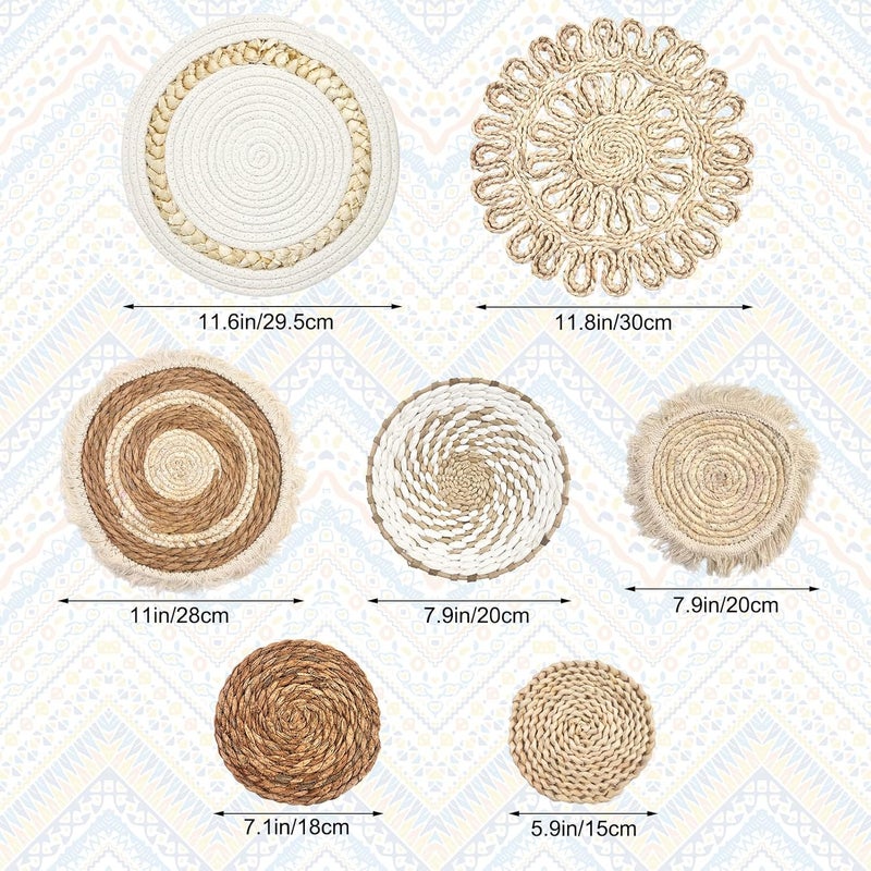 CODOHI Set of 7 Boho Wall Baskets, Wall Hanging Rattan Decor, Flat Round Woven Water Hyacinth Corn Husk Farmhouse Handmade Macrame Hanging Woven Baskets for Living Room Bedroom Dining Room - Light Color - Image 2