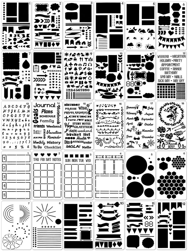 Tenare 30 Pcs Journal Stencils Supplies Planner Bullet Stencils Plastic Stencils DIY Drawing Templates Set for Journaling Notebook Scrapbook Cards Decorations, 4 x 7 Inch (Adorable Style) - Image 1