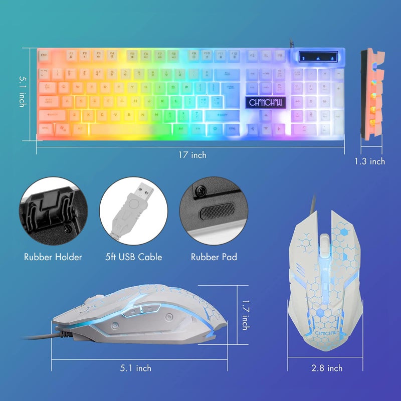 CHONCHOW LED Keyboard and Mouse, 104 Keys Rainbow Backlit Keyboard and 7 Color RGB Mouse, White Gaming Keyboard and Mouse Combo for PC Laptop Xbox PS4 Gamers and Work - Image 3