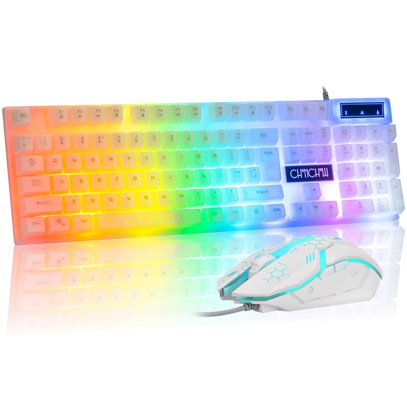 CHONCHOW LED Keyboard and Mouse, 104 Keys Rainbow Backlit Keyboard and 7 Color RGB Mouse, White Gaming Keyboard and Mouse Combo for PC Laptop Xbox PS4 Gamers and Work - Image 1
