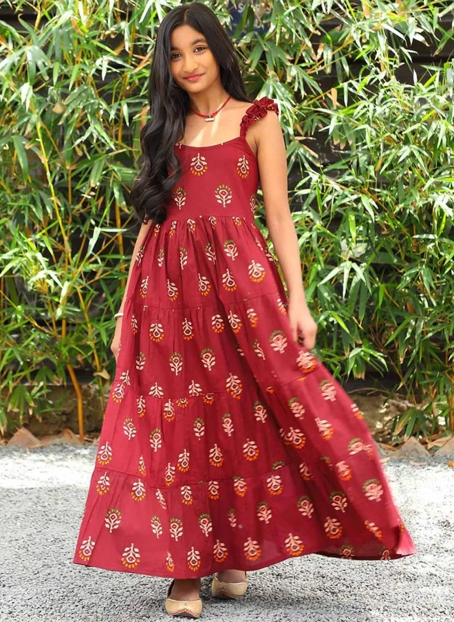 أيه كيه إس Maroon Ethnic Maxi Dress for Girls