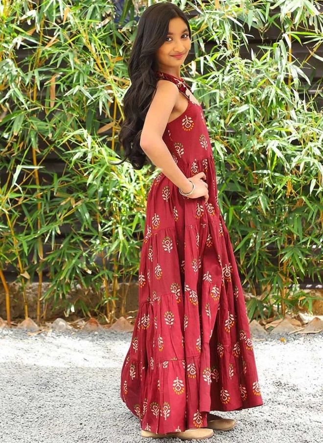 AKS Maroon Ethnic Maxi Dress for Girls