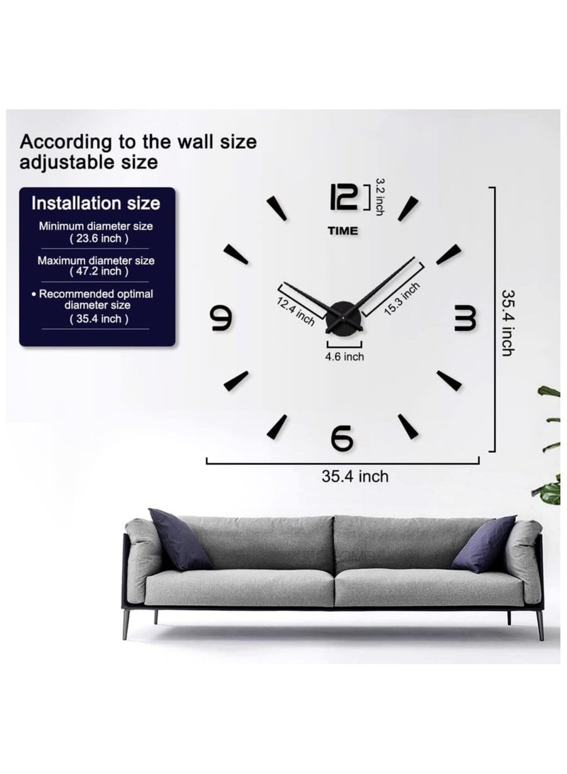 فلوشرينيك ساعة حائط ثلاثية الأبعاد حديثة بدون إطار ملصق ساعة كبير أرقام مرآة أكريليك لزينة المكتب المنزلي ، تصميم ذاتي اللصق ، ملصق الحائط سهل التركيب والإزالة (أسود) - Image 2