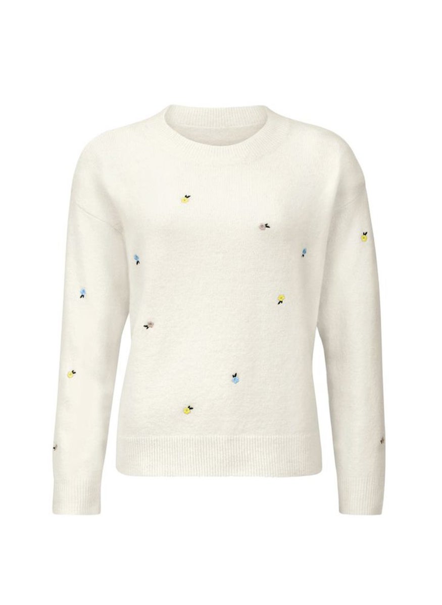Tchibo Women Embroidered Long Sleeve Sweater, Ivory  - Image 1