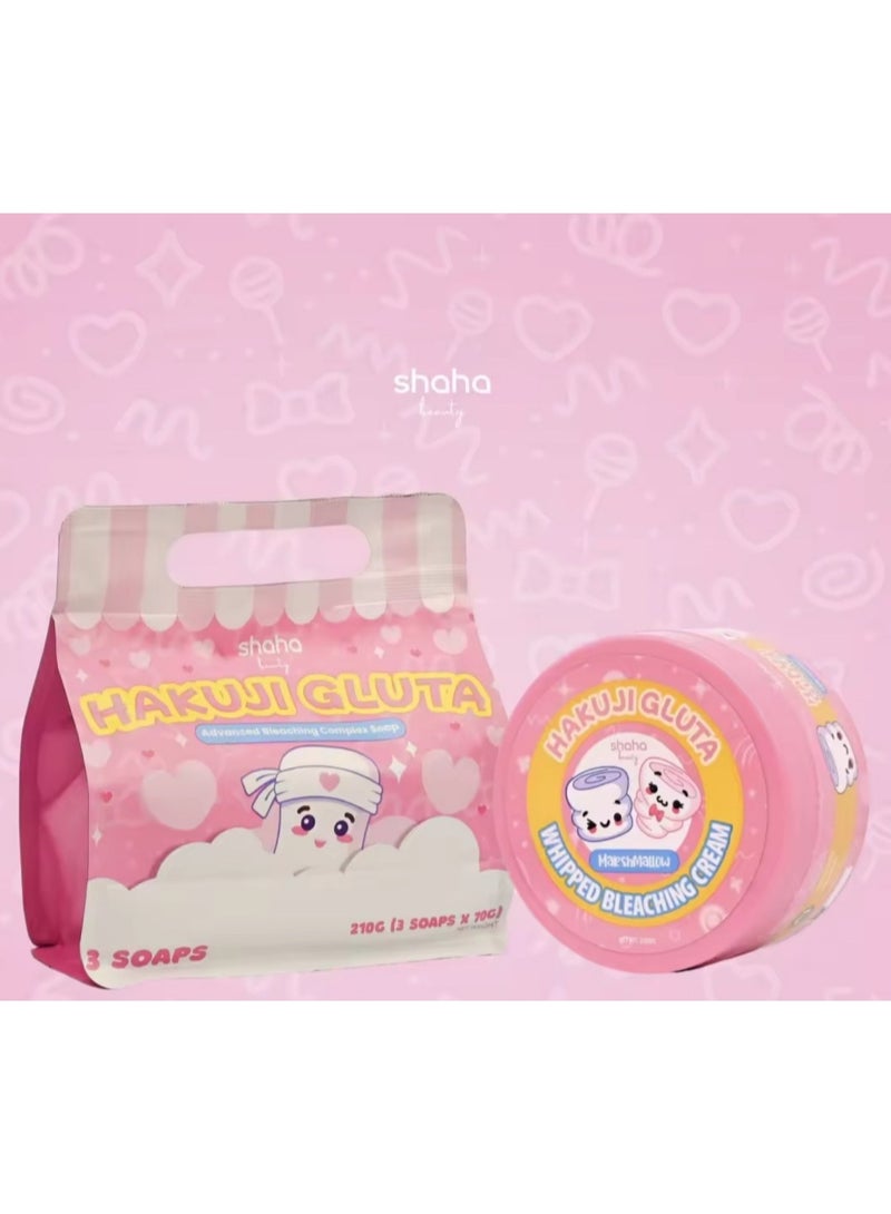 SHAHA Hakuji Gluta Skin Care Set: Whitening Soap & Whipped Bleaching Cream (Marshmallow Scent). - Image 1