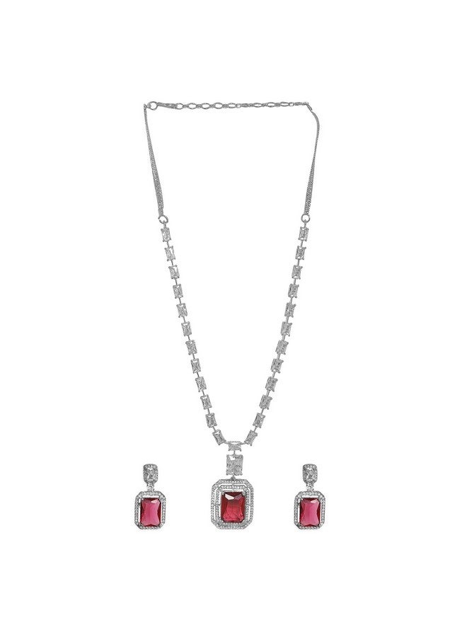 Rubans Women's Rhodium-Plated Ruby Red & White Cubic Zirconia Studded Necklace Set - Image 1