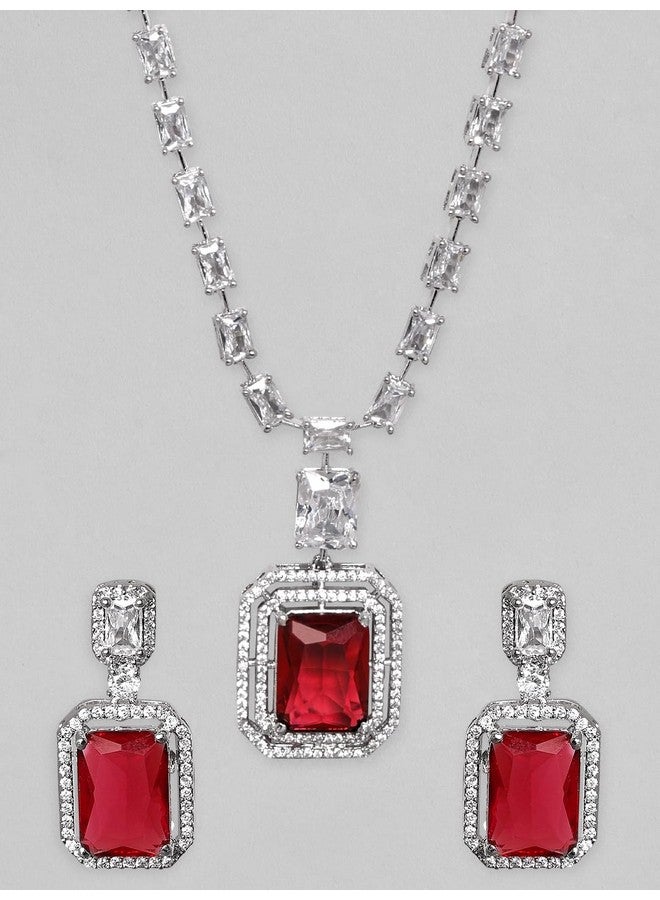 Rubans Women's Rhodium-Plated Ruby Red & White Cubic Zirconia Studded Necklace Set - Image 2