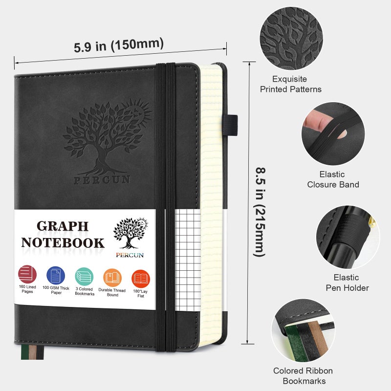 PERCUN Graph Paper Notebook, 160 Pages Grid Journal for women & men, A5 Hardcover Leather Graphing Notebook for School, Work, Travel, Note Taking 5.9â€x8.5â€ (Black) - Image 2