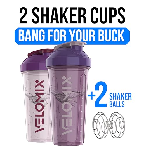 VELOMIX -2 Pack- 28 oz Protein Shaker Bottles for Protein Mixes - 2x Wire Whisk | Leak Proof Shaker Cups for Protein Shakes and Pre Workout | Protein Shaker Bottle Pack (B7) Purple Mix - Image 2