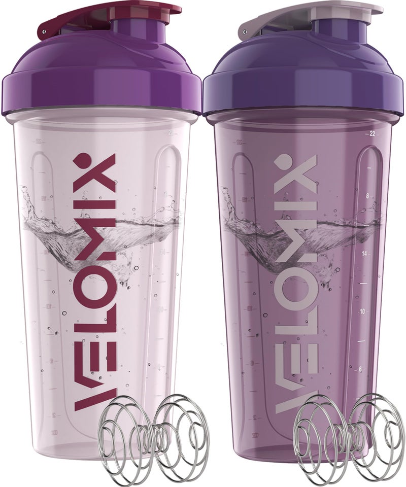 VELOMIX -2 Pack- 28 oz Protein Shaker Bottles for Protein Mixes - 2x Wire Whisk | Leak Proof Shaker Cups for Protein Shakes and Pre Workout | Protein Shaker Bottle Pack (B7) Purple Mix - Image 1