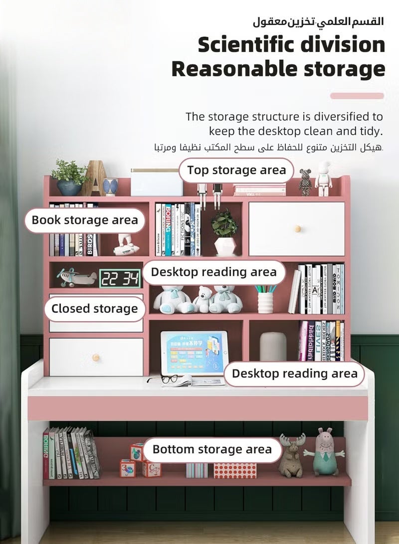 هوكور طاولة أطفال، طاولة دراسة للأطفال، طاولة أطفال فردية قابلة لتعديل الارتفاع، طاولة أنشطة قراءة متعددة الوظائف للأطفال، مع رف كتب متعدد الطبقات ذو سعة كبيرة، مناسب لدراسة كتابة الطلاب، 120 × 150 × 50 سم - Image 2