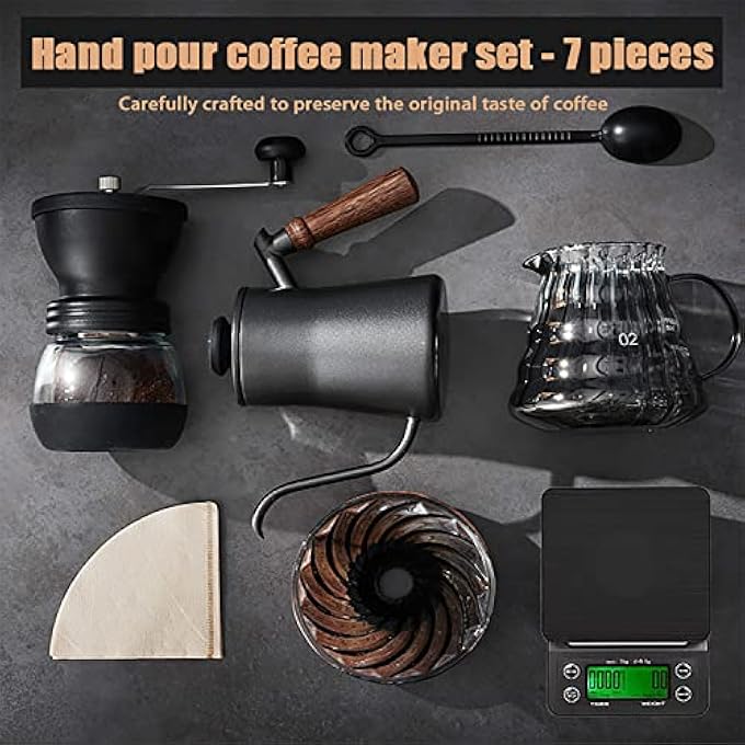 Aohellfe Hand Brew Coffee Maker Set Coffee Accessory Tools 7 Piece Home Grinder Combination Sharing Pot Coffee Brewing Appliances Black - Image 3