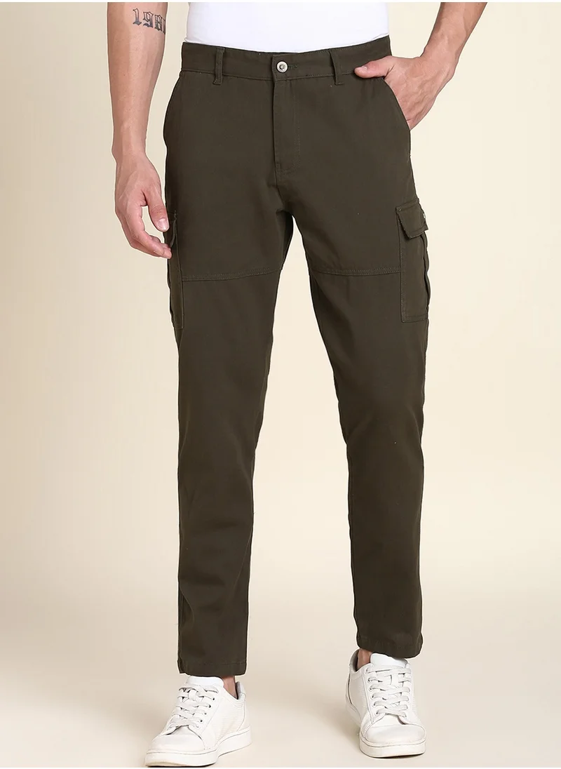 دينيس لينغو Dark Olive Casual Trousers for Men - Slim Fit, Cotton Lycra