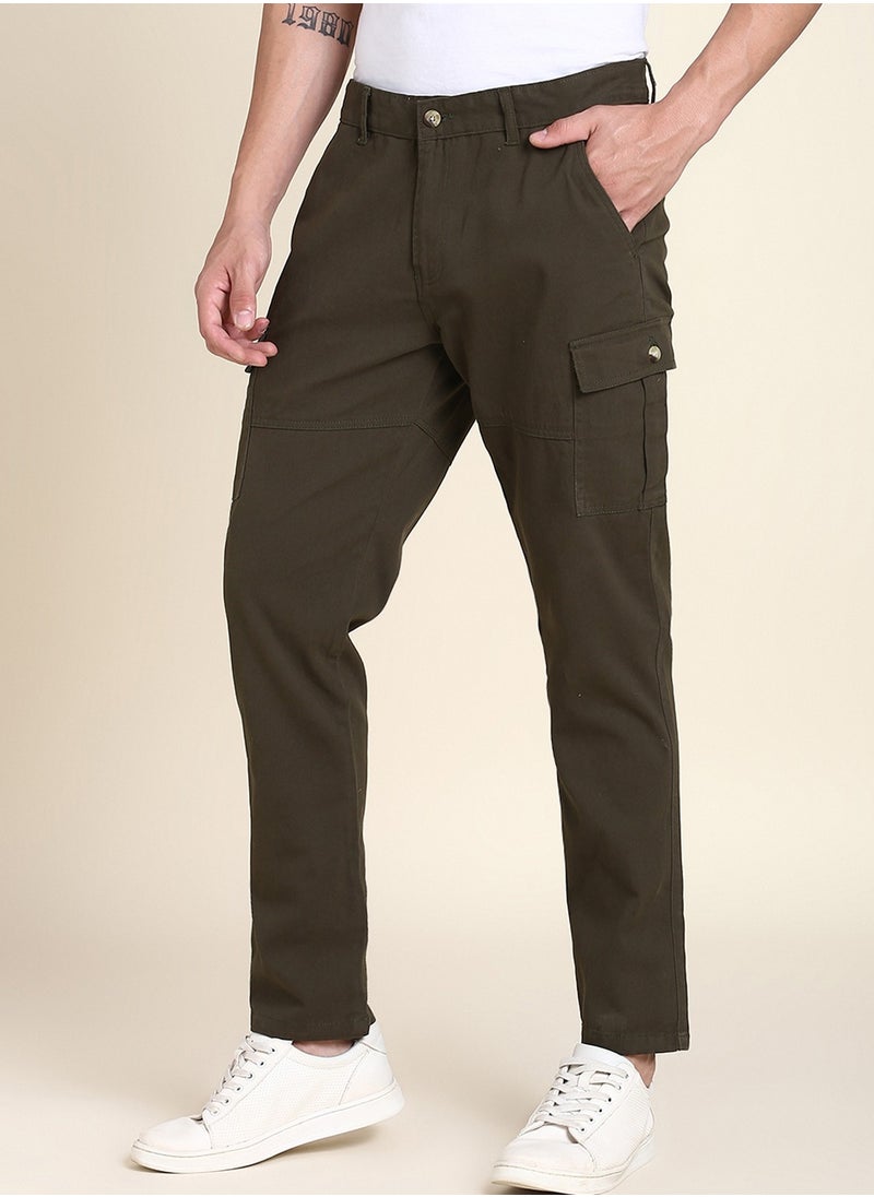 Dennis Lingo Dark Olive Casual Trousers for Men - Slim Fit, Cotton Lycra  - Image 2