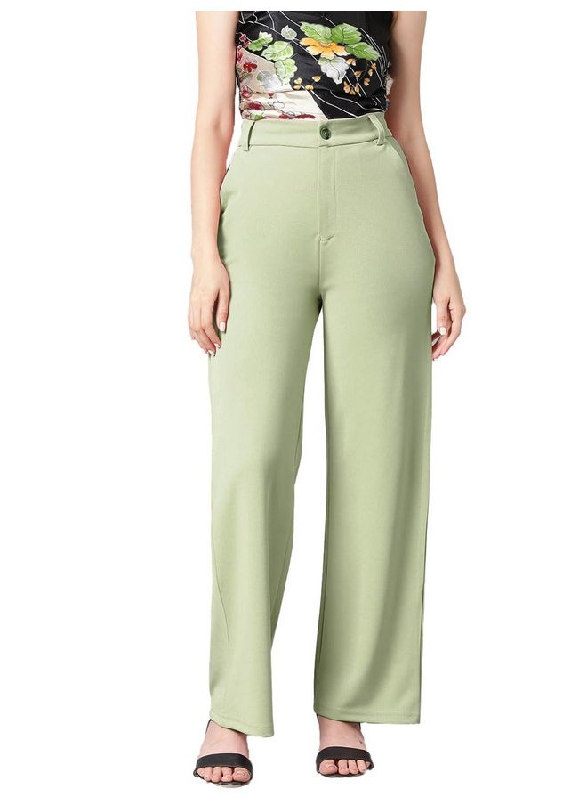 Kotty KOTTY Women's High Rise Cotton Blend Relaxed Fit Trousers Sage Green  - Image 1