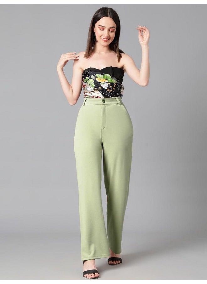 Kotty KOTTY Women's High Rise Cotton Blend Relaxed Fit Trousers Sage Green  - Image 3