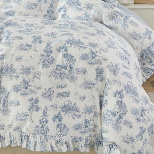 Brandream French Country Toile Duvet Cover Set Twin Size for Girls Bedroom Vintage Blue Toile Floral Print 100 Cotton Kids Duvet Quilt Comforter Cover Pillow Shams Set with Ruffles Design - Image 3