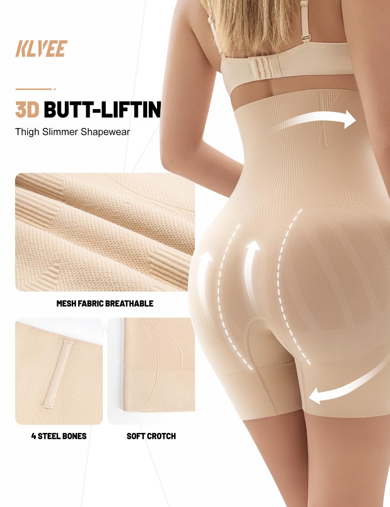 KLVEE Shapewear for Women Tummy Control, High Waisted Body Shaper Shorts Butt Lifting Thigh Slimmer Shapewear Nude - Image 3