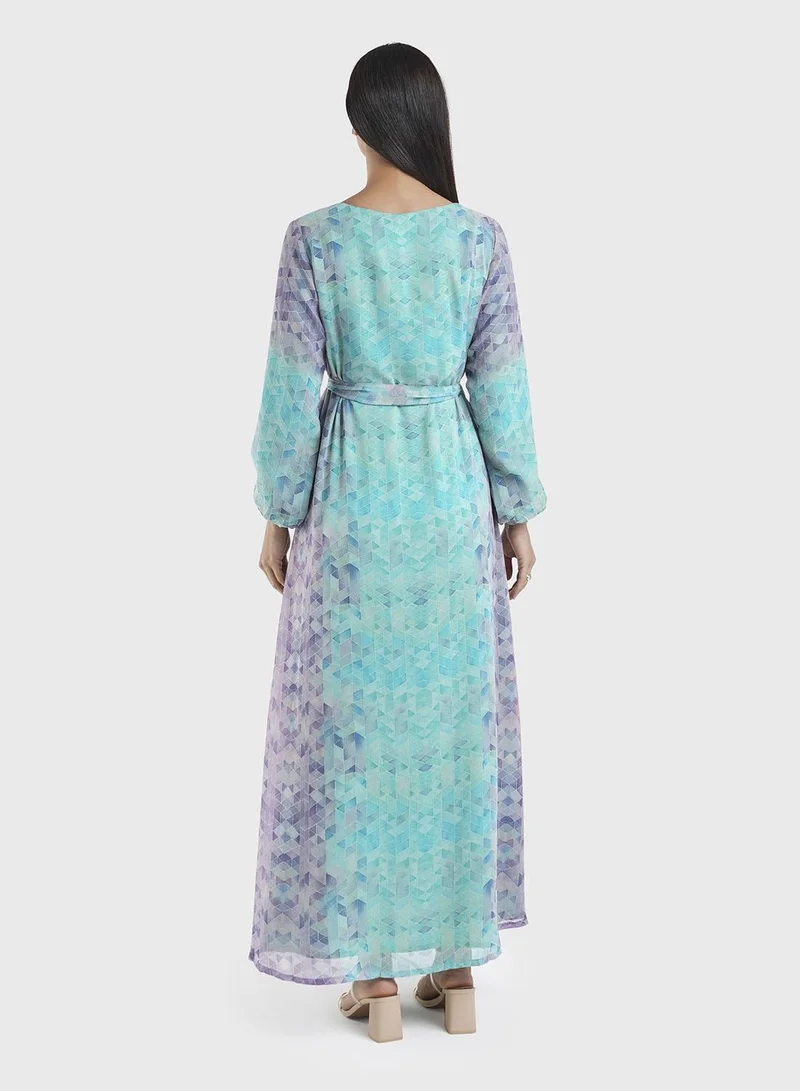 KASHKHA  Teal Digital Geometrical Print Dress with Handwork (VW217) for Women | Best Price UAE