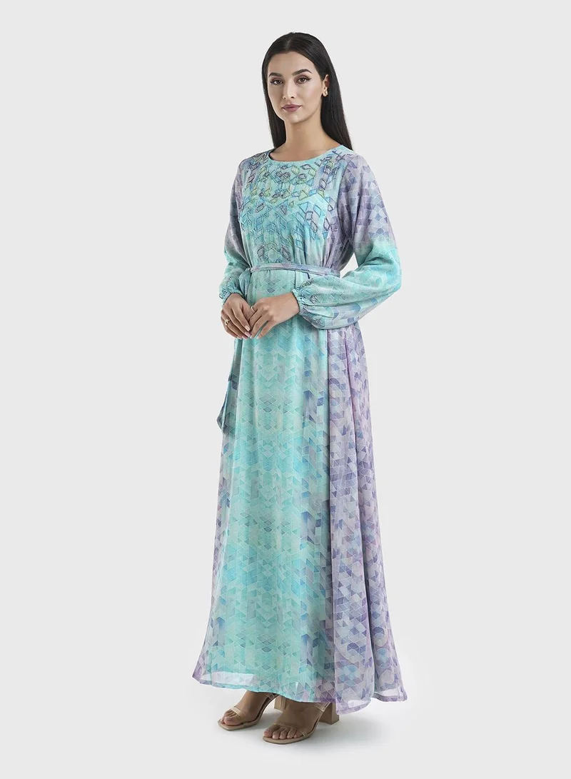 KASHKHA  Teal Digital Geometrical Print Dress with Handwork (VW217) for Women | Best Price UAE