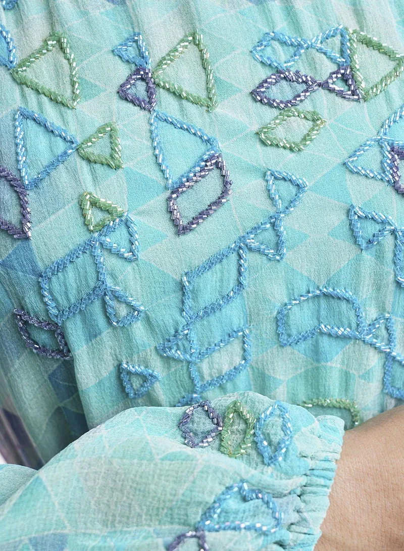 KASHKHA  Teal Digital Geometrical Print Dress with Handwork (VW217) for Women | Best Price UAE