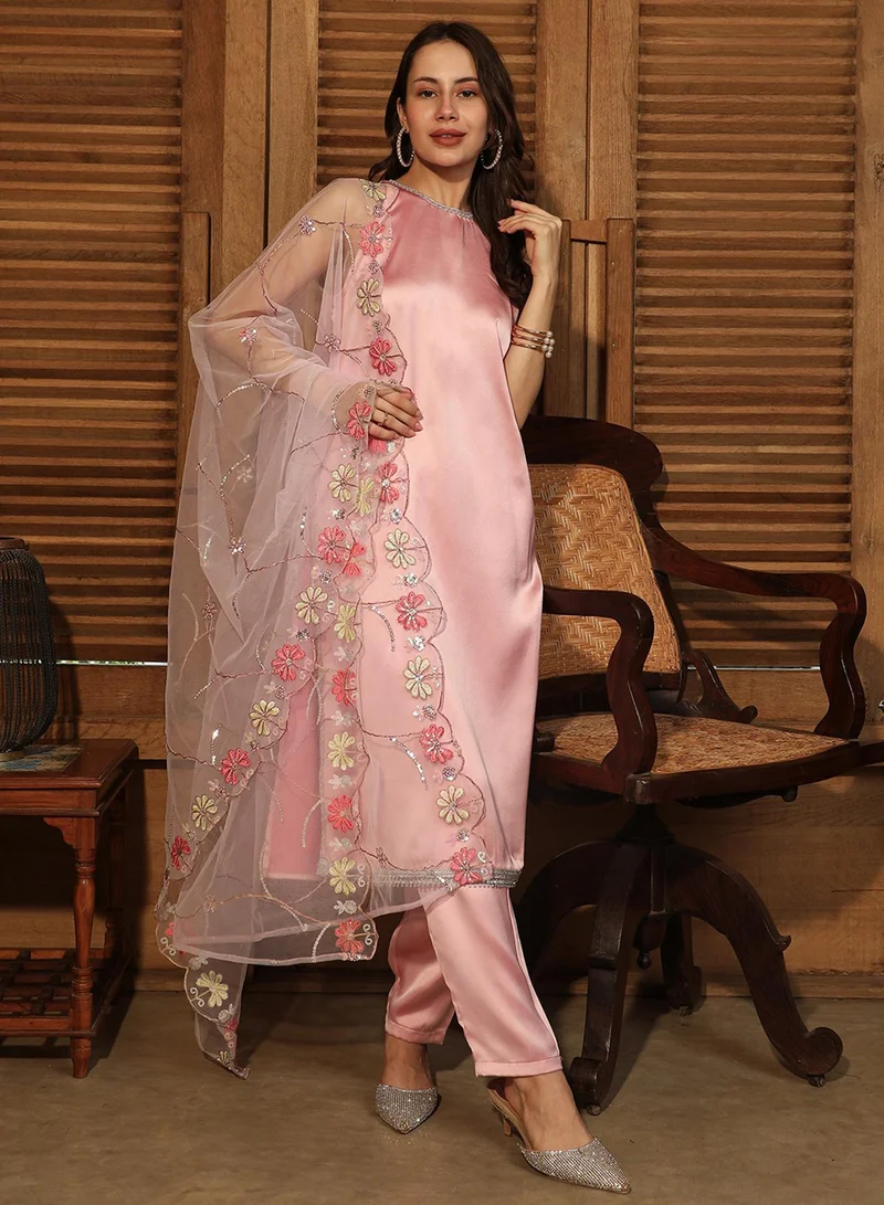 QISSA Women's Powder Pink Blush Bloom Kurta Set