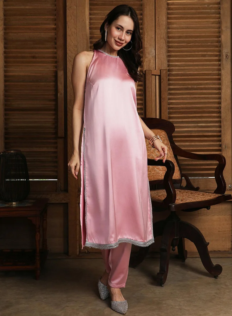 QISSA Women's Powder Pink Blush Bloom Kurta Set