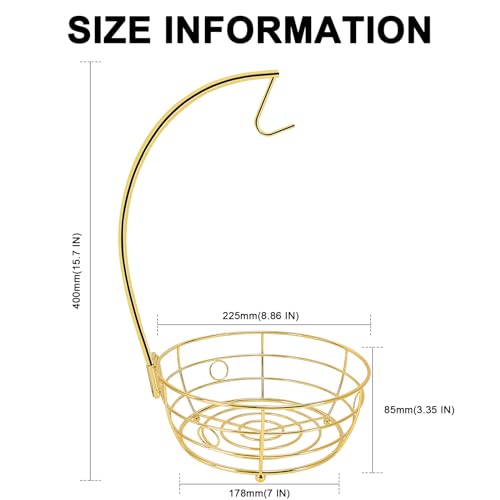Livabber Countertop Fruit Basket Bowl with Banana Hanger Modern Standing Fruit Vegetable Bowl Storage with Banana Tree Holder for Kitchen Dinning Table Round Metal Gold - Image 3