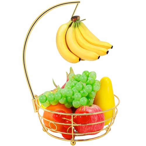 Livabber Countertop Fruit Basket Bowl with Banana Hanger Modern Standing Fruit Vegetable Bowl Storage with Banana Tree Holder for Kitchen Dinning Table Round Metal Gold - Image 1