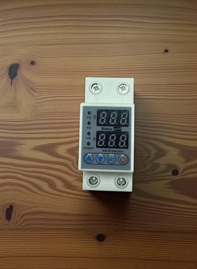 Voltage and amperage protection device, 220 volts, 63 amps, 2 screens, for homes, offices, and shops. Easy to install and adjust.